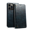 A dark blue magnetic leather flip case with a card holder and a visible camera module.