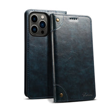 A dark blue magnetic leather flip case with a card holder and a visible camera module.