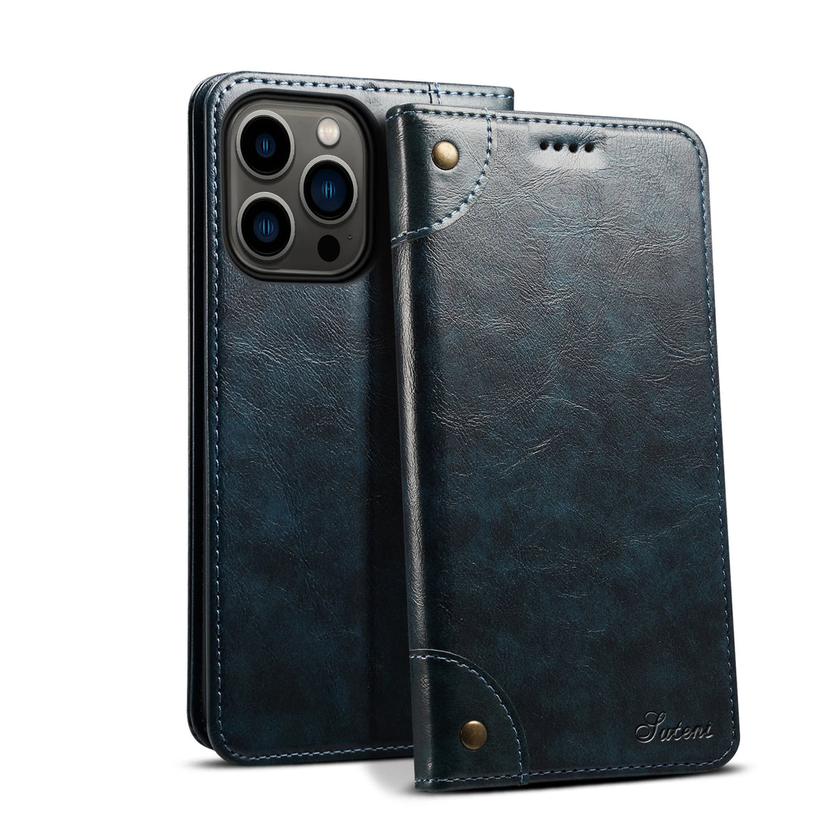 A dark blue magnetic leather flip case with a card holder and a visible camera module.