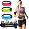 A woman wearing a black running top and shorts demonstrates a waterproof waist pack with a phone pocket and pink, yellow, and
