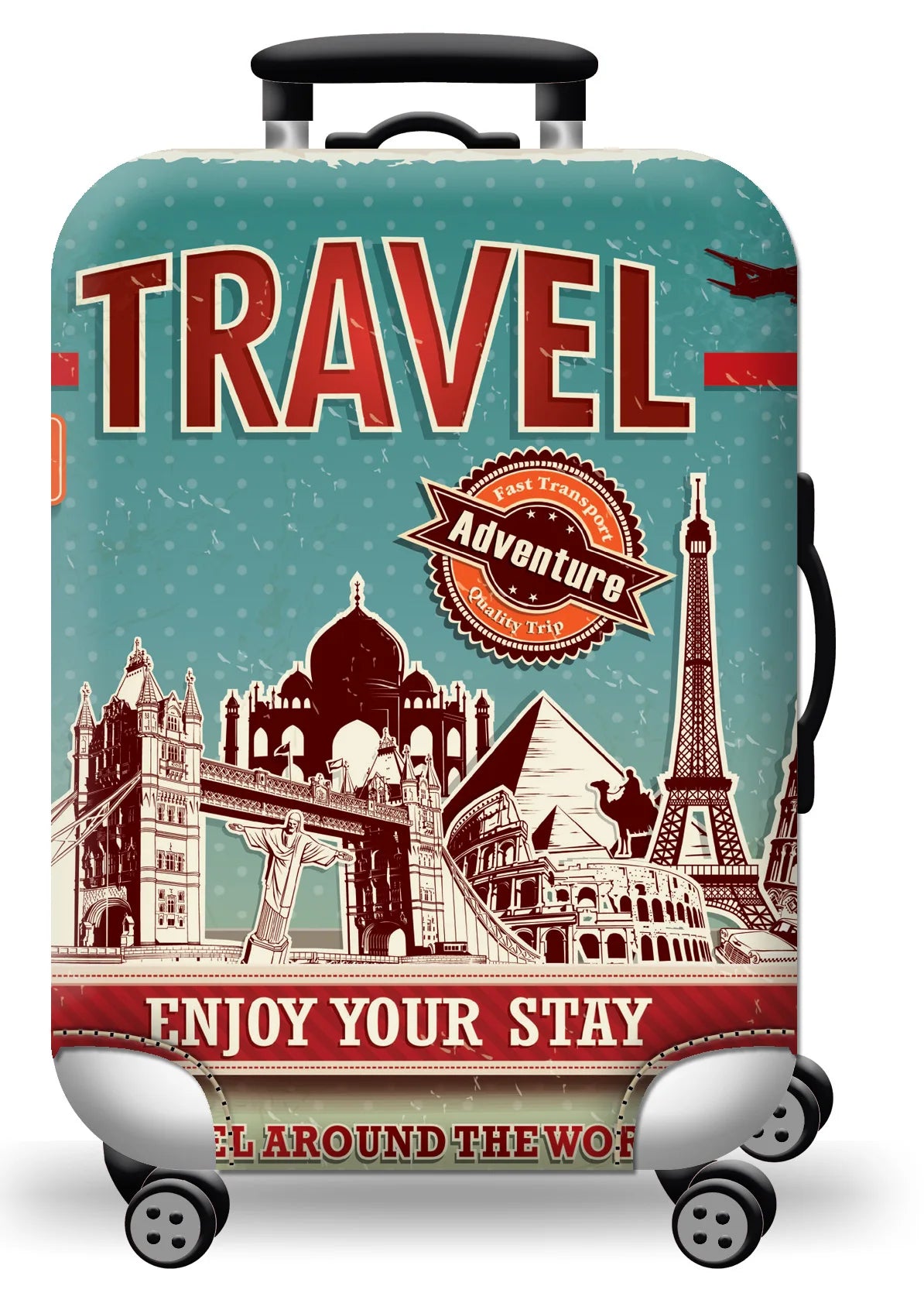 A teal suitcase with a red label featuring the word TRAVEL and text encouraging enjoyment of the stay.