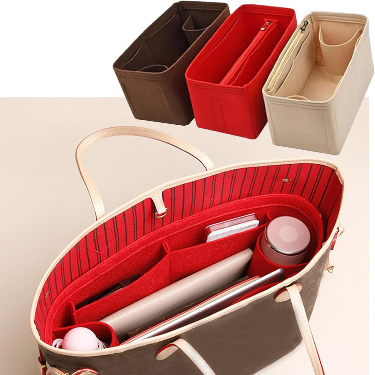 A brown felt purse organizer with red and beige inserts for storing small items like pens and cosmetics.
