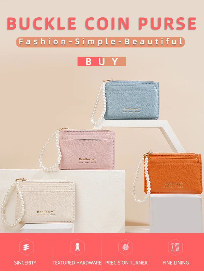 Präsentation mehrfarbiger Schnallen-Geldbörsen in Pastelltönen, darunter Blau, Pink und Orange.