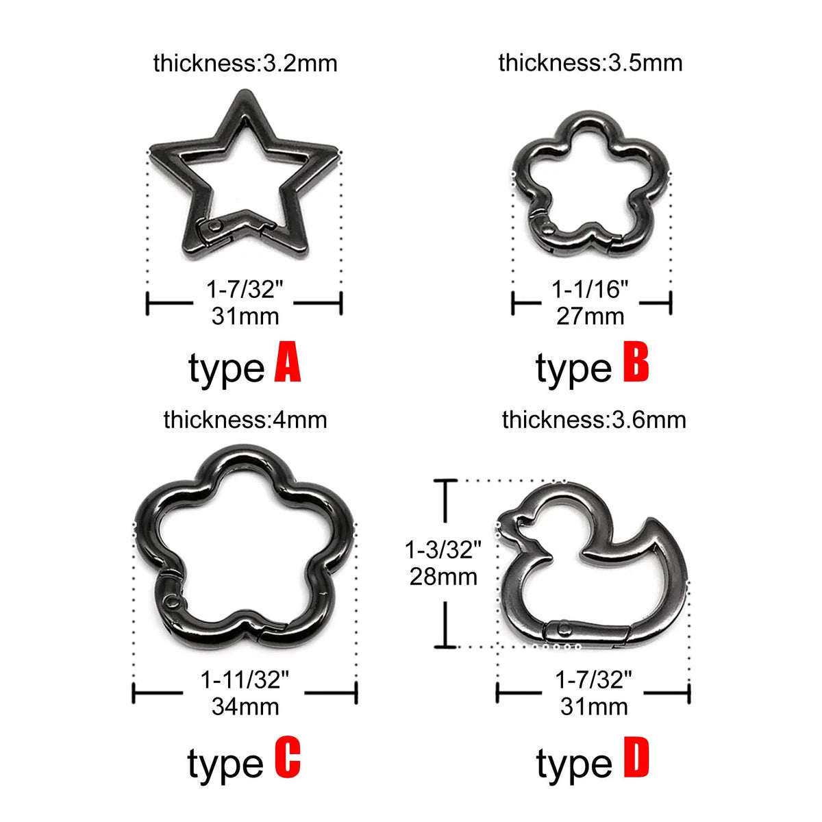Quatre types de clips à carabiner en métal, formes étoile, fleur et ovale, avec différentes épaisseurs