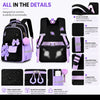 A black and purple nylon school backpack set featuring a sturdy top handle, breathable back panel, and various storage pocket