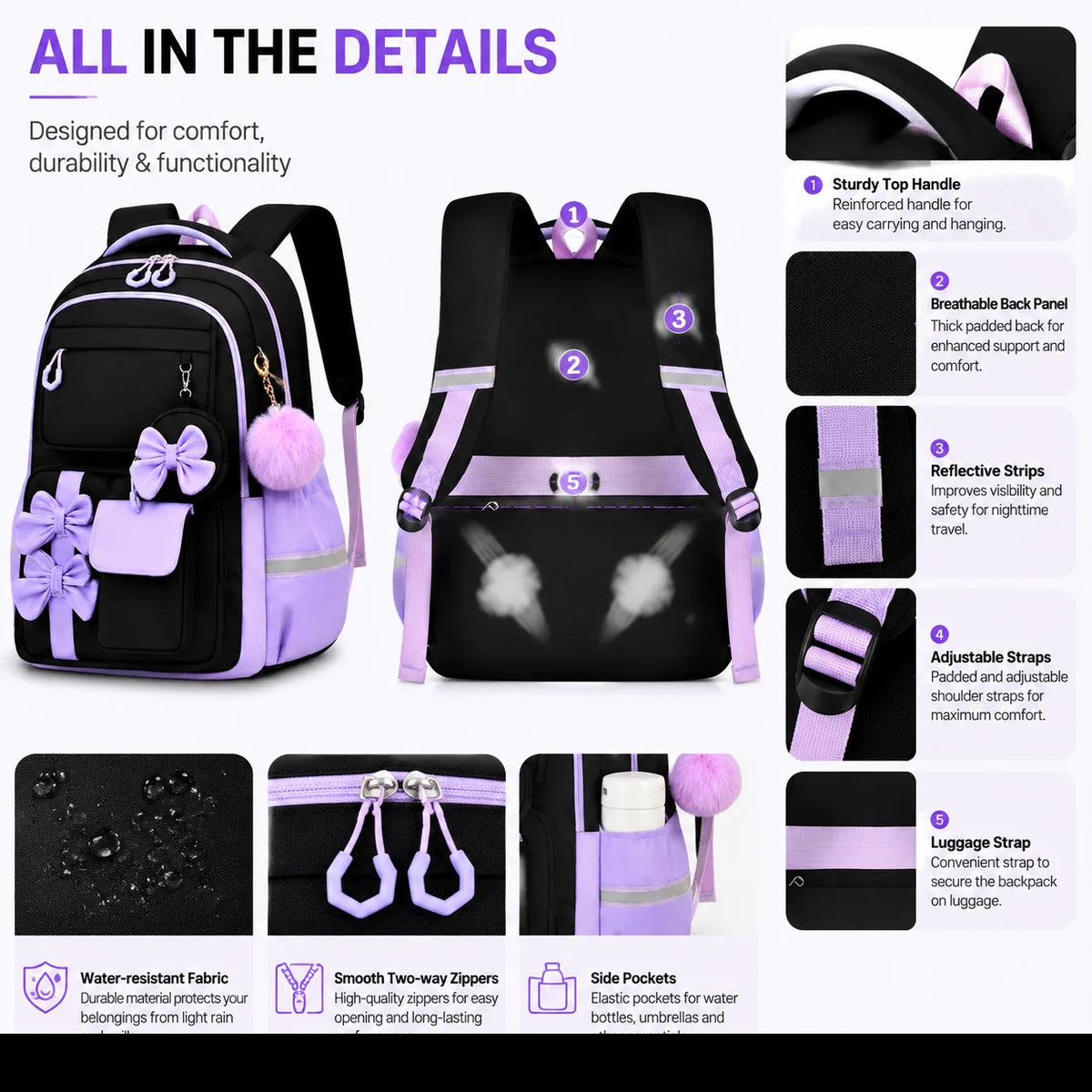 A black and purple nylon school backpack set featuring a sturdy top handle, breathable back panel, and various storage pocket