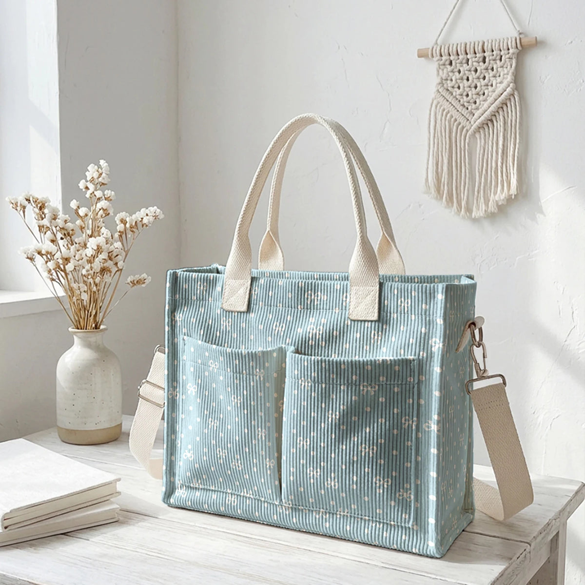 Un sac fourre-tout en velours côtelé bleu clair à pois roses accroché à un mur blanc.