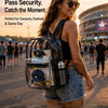 A woman wearing a denim skirt and sunglasses holds a clear transparent PVC backpack in an outdoor concert or festival setting