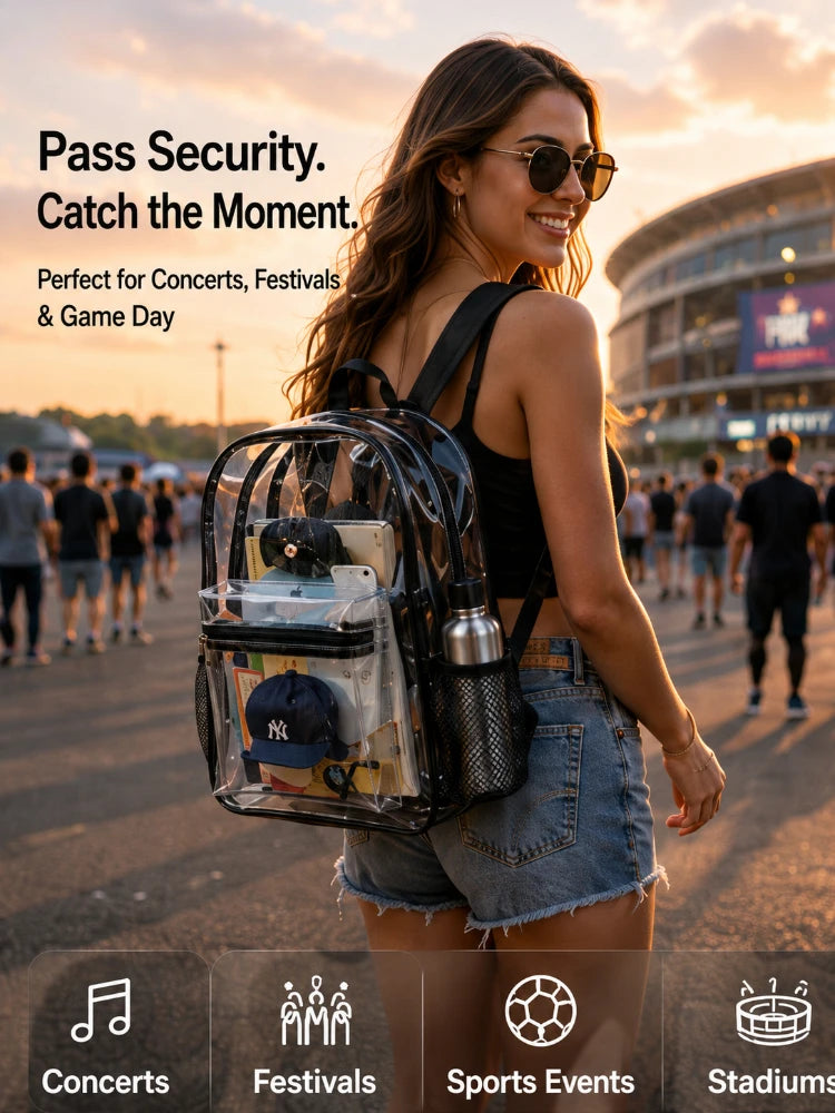 A woman wearing a denim skirt and sunglasses holds a clear transparent PVC backpack in an outdoor concert or festival setting
