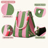 A pink and green striped knit bucket tote bag with a magnetic closure and light carry feature.
