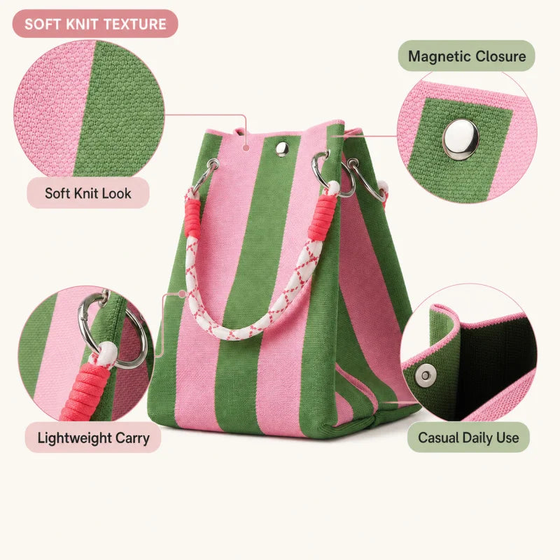 A pink and green striped knit bucket tote bag with a magnetic closure and light carry feature.