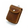 A brown leather men's multi-functional waist bag with a silver clasp and a flap closure.