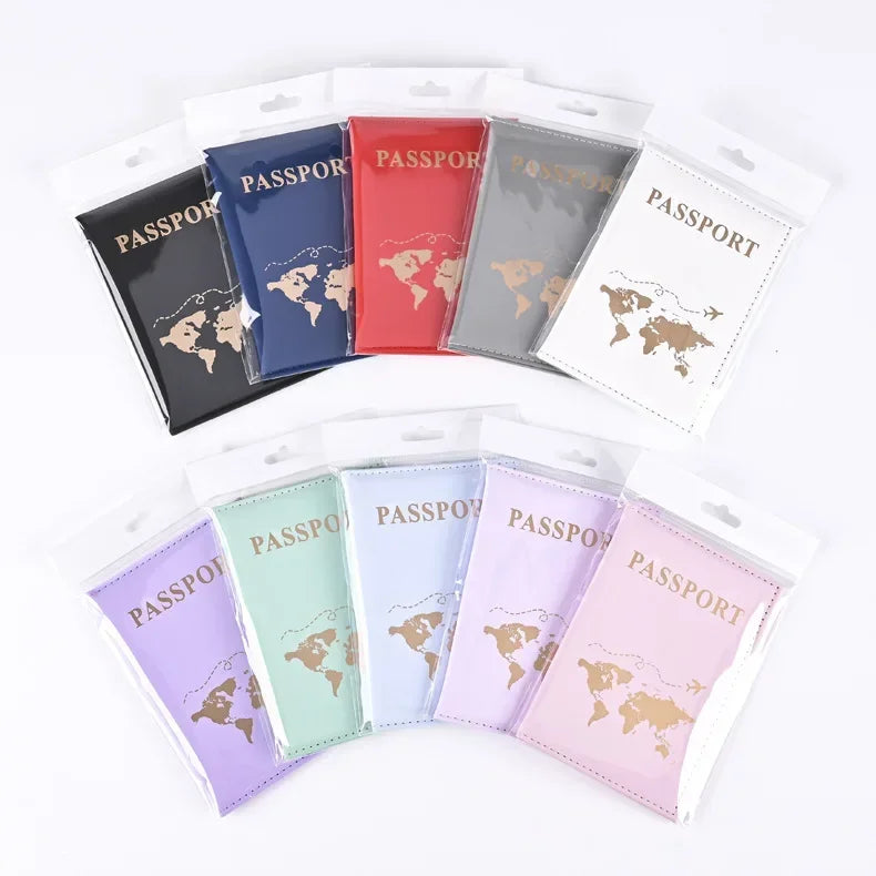 Colección de carteras para pasaporte de cuero PU genuino en varios colores como azul, rojo, gris y rosa.