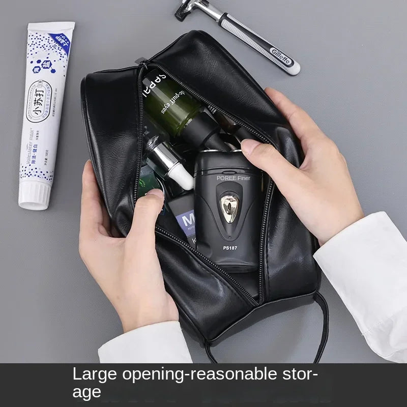 A hand opens a black leather cosmetic bag revealing a POREE finer tool and a small bottle, with a grooming brush nearby.