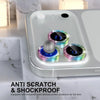Glitter diamond camera lens protector with metal frame for iPhone shown in a case.