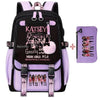 A purple and black canvas backpack featuring a funny print design with text like Gnarly and Beautiful Chaos