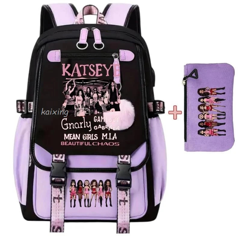 A purple and black canvas backpack featuring a funny print design with text like Gnarly and Beautiful Chaos