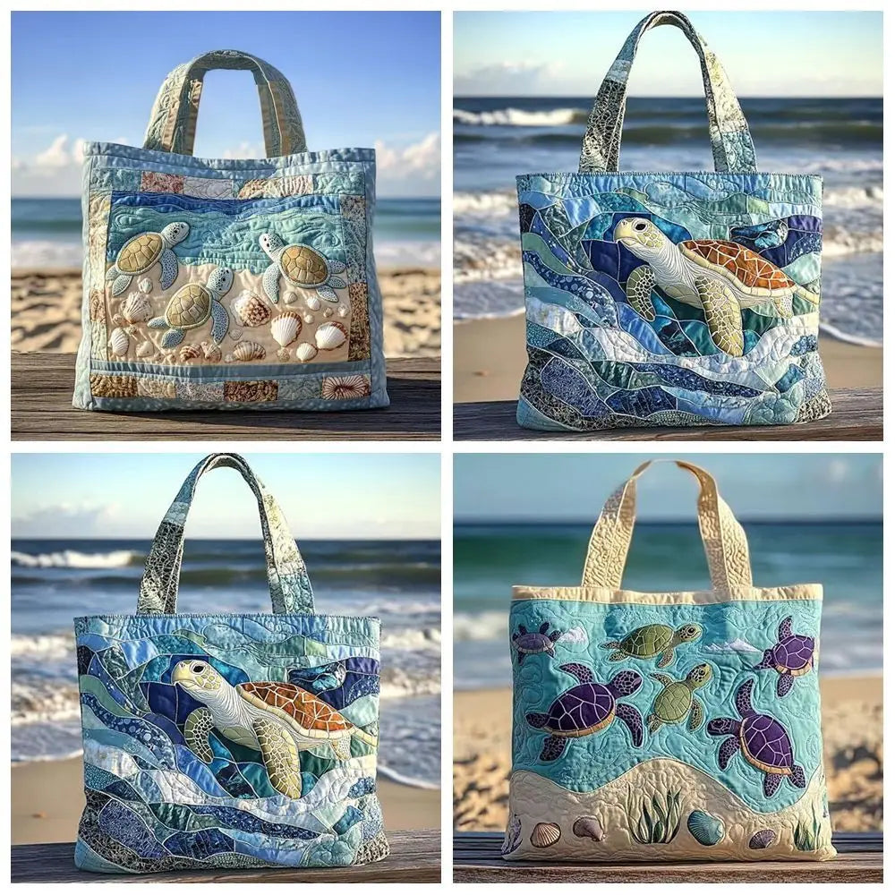 A set of four quilted canvas tote bags featuring sea turtle designs in shades of blue, green, and beige.