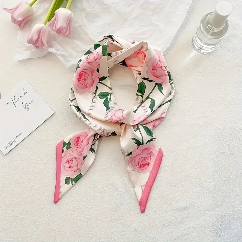 Foulard floral de soie rose et vert noué en nœud, posé sur un tissu blanc à côté d'une bouteille en verre.