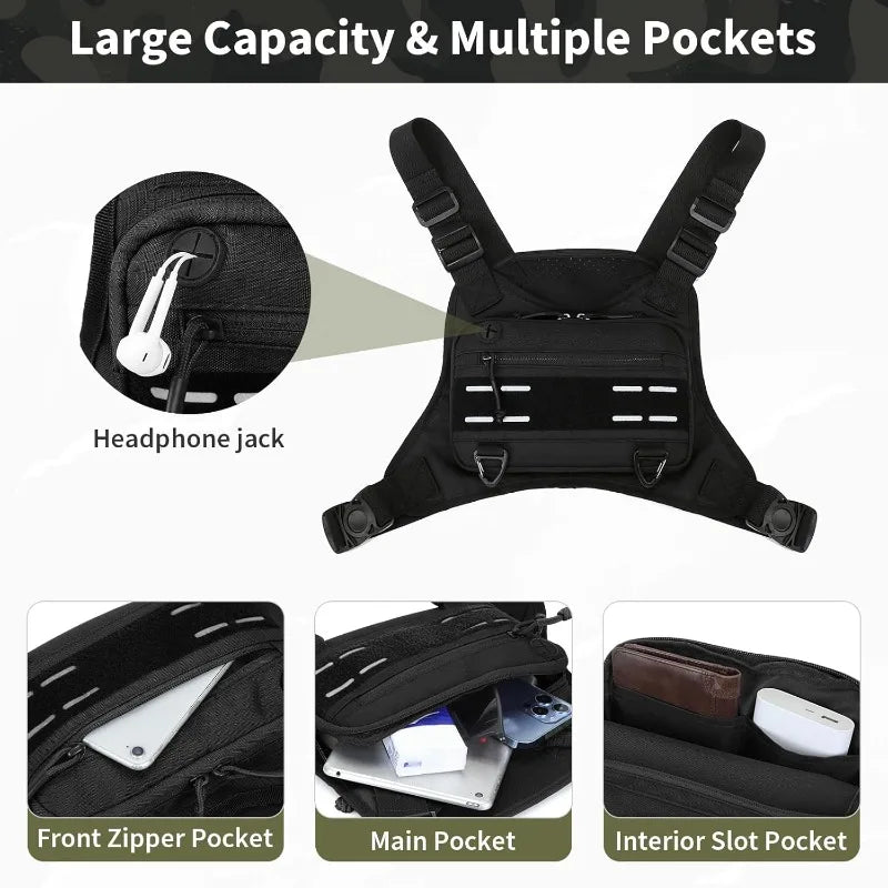 Black ultralight tactical chest bag with multiple pockets and a headphone jack