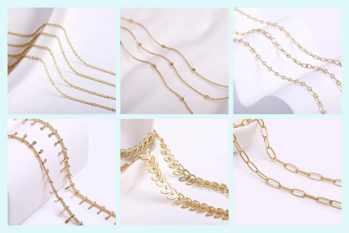 Multiple strands of delicate 18K gold plated jewelry chains shown in various angles for DIY crafting