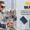 A man in a suit is shown next to a men's wallet featuring a geometric design.