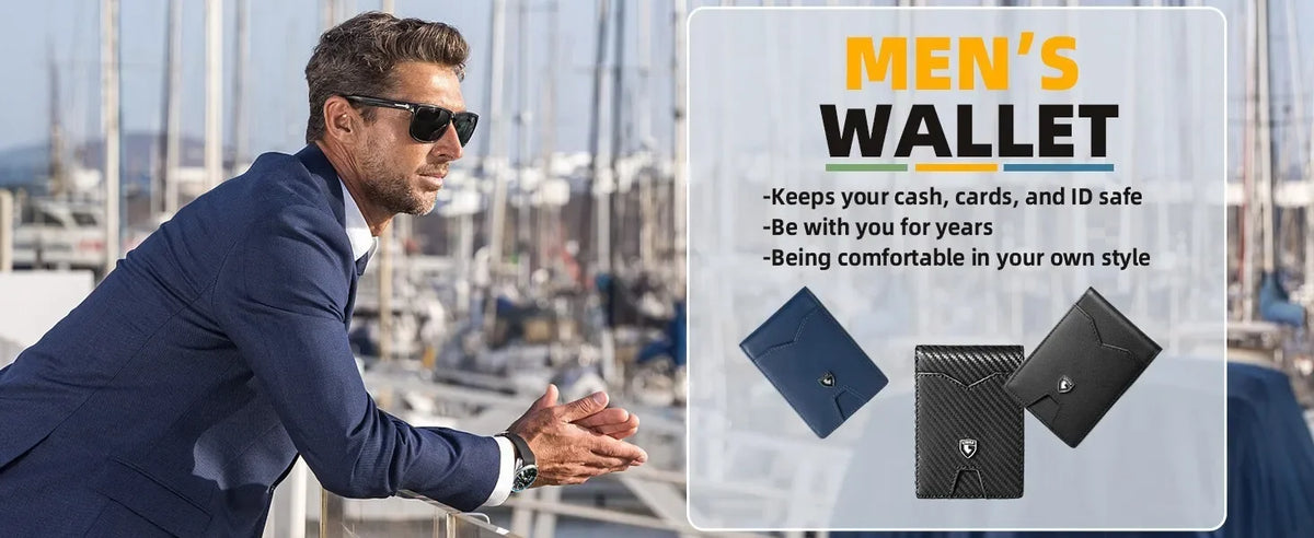 A man in a suit is shown next to a men's wallet featuring a geometric design.