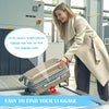 A woman is shown easily finding luggage using bright-colored tags at an airport.