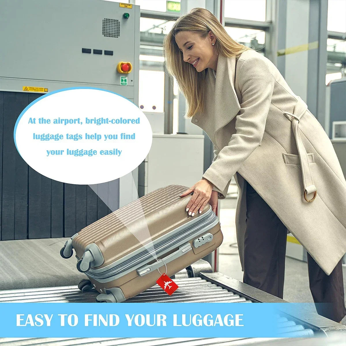 A woman is shown easily finding luggage using bright-colored tags at an airport.