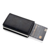 A black minimalist RFID blocking wallet displaying several credit cards.