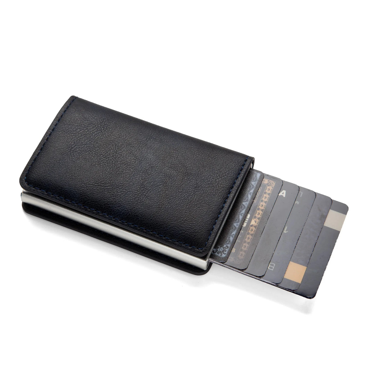 A black minimalist RFID blocking wallet displaying several credit cards.