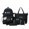 Black nylon backpack set for students featuring cartoon designs and accessories