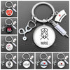 A collection of personalized nurse keychains featuring various charms including a stethoscope, heart, and the word Nurse.