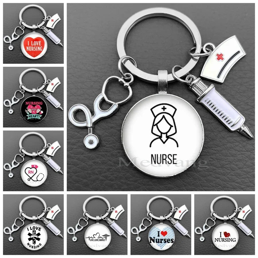 A collection of personalized nurse keychains featuring various charms including a stethoscope, heart, and the word Nurse.