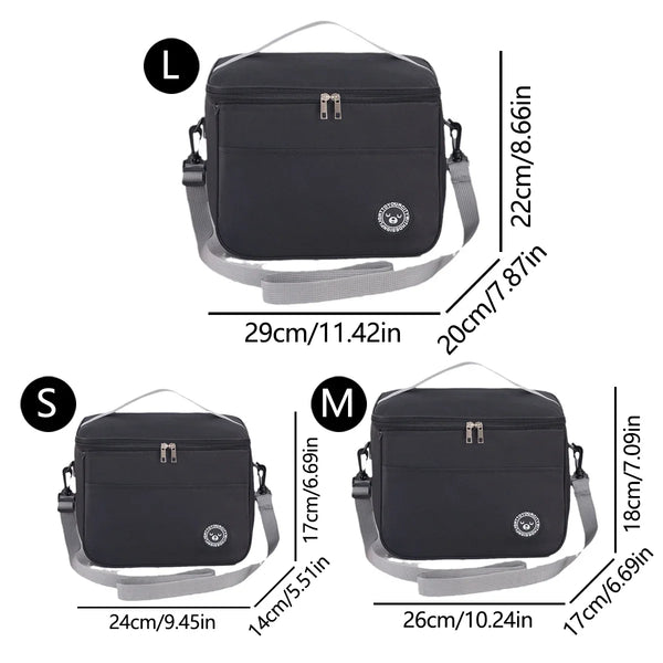 Black insulated lunch tote bag shown in three sizes L, S, and M with adjustable shoulder straps.