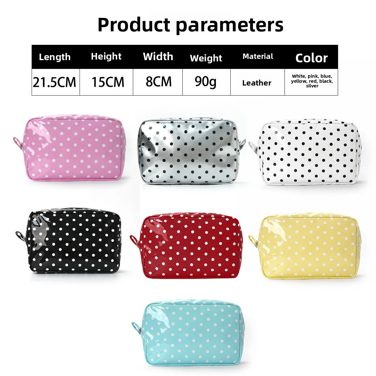 A collection of various colored cosmetic storage bags made of leather, including pink, silver, black, red, yellow, and light 