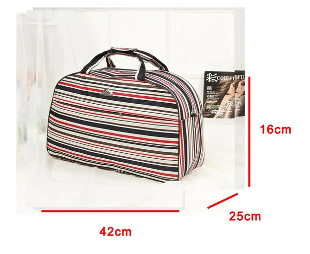 A striped black and white PU leather travel duffel bag with a handle, shown against a white background.