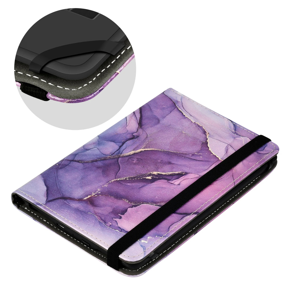 A purple marble patterned e-book cover with a black protective strap shown next to its folded view.