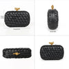 Black handwoven clutch evening bag with gold hardware shown from the side and top view.