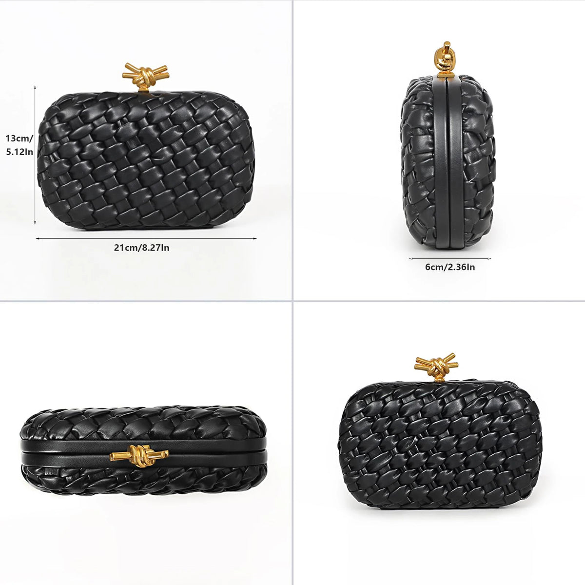 Black handwoven clutch evening bag with gold hardware shown from the side and top view.