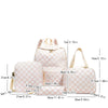 A light pink checkerboard multi-pocket backpack shown with various size measurements.