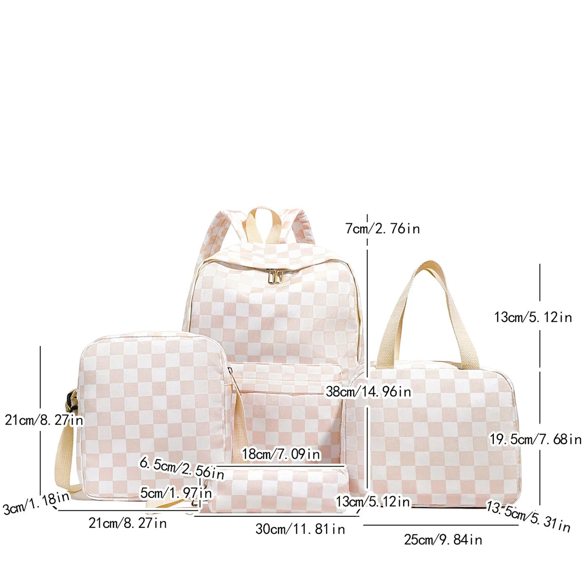 A light pink checkerboard multi-pocket backpack shown with various size measurements.