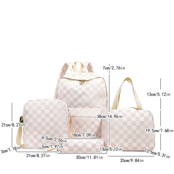 Mochila de color rosa claro a cuadros con múltiples bolsillos y diversas medidas.