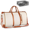 A beige garment duffle bag with brown leather accents and a mesh storage bag shown next to the main bag.