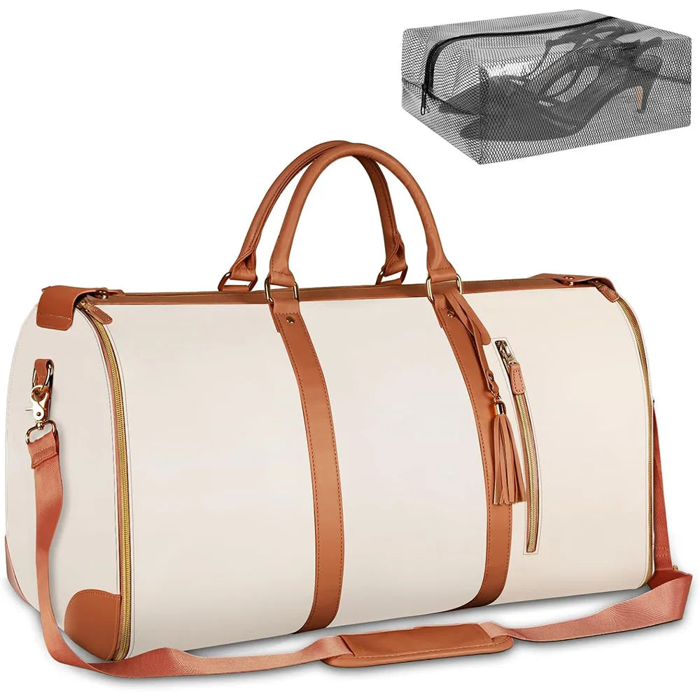 A beige garment duffle bag with brown leather accents and a mesh storage bag shown next to the main bag.