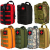 A collection of waterproof tactical waist pack first aid kit bags in various colors including red black green and orange.
