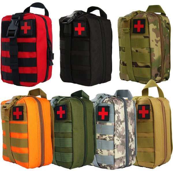A collection of waterproof tactical waist pack first aid kit bags in various colors including red black green and orange.