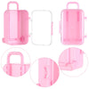 Pink miniature doll suitcase with clear plastic cover and handle shown from multiple angles