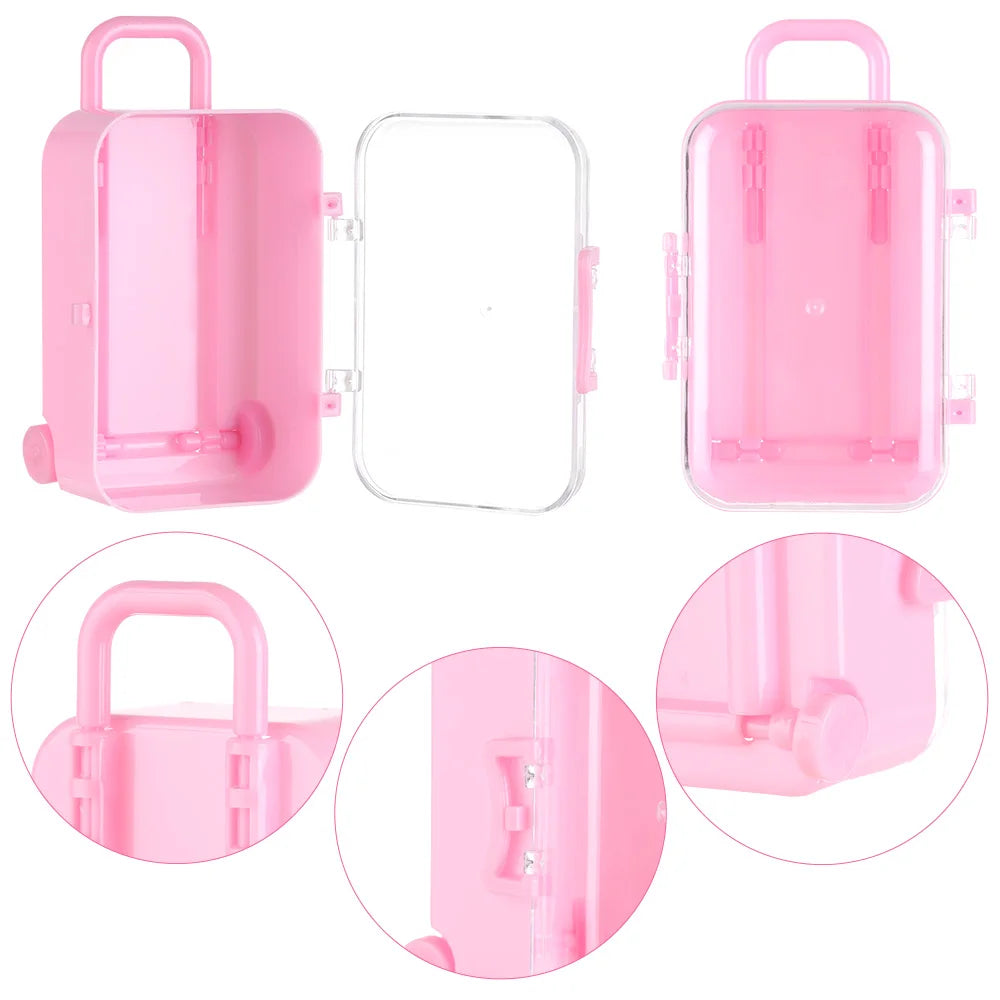 Pink miniature doll suitcase with clear plastic cover and handle shown from multiple angles