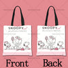 A pink tote bag featuring a cartoon illustration of Snoopy with Belle and Sally Brown